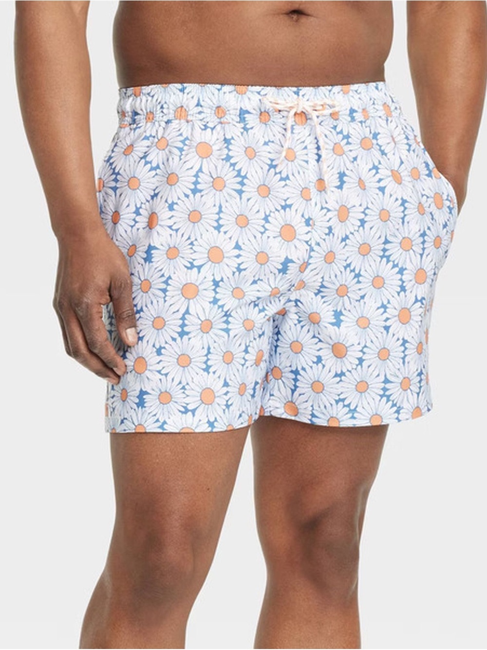 Goodfellow & Co Light Blue Daisy-Print Men's Swim Trunks with Orange Centers